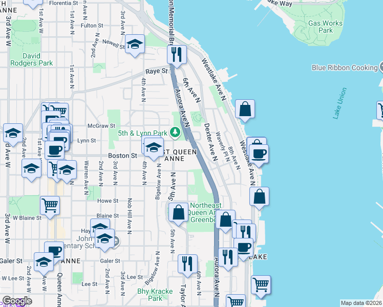 map of restaurants, bars, coffee shops, grocery stores, and more near 2215 Aurora Avenue North in Seattle