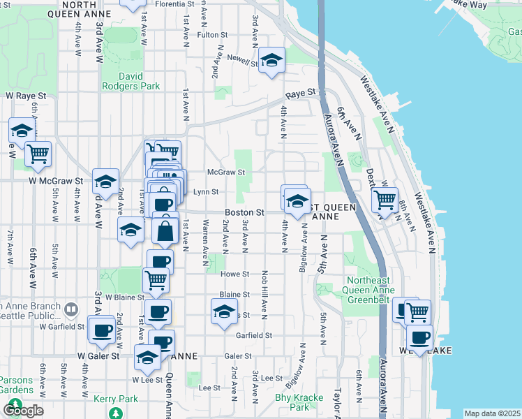 map of restaurants, bars, coffee shops, grocery stores, and more near 2206 Nob Hill Avenue North in Seattle