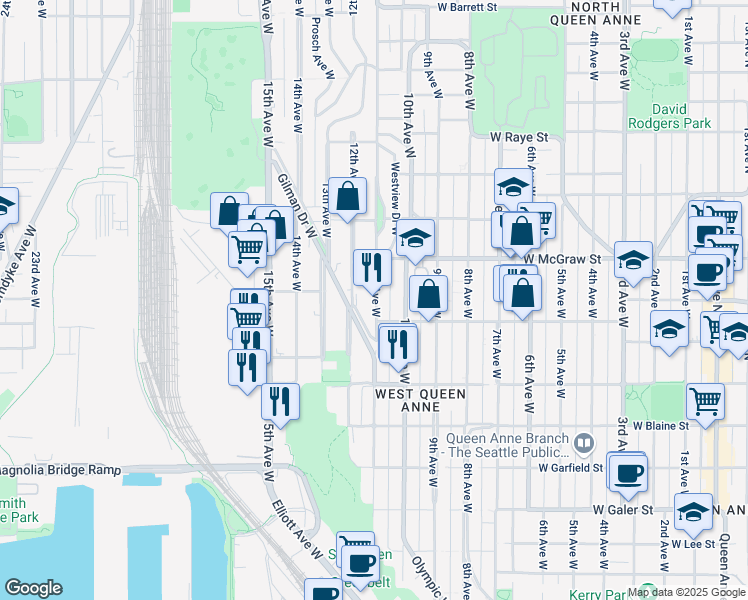 map of restaurants, bars, coffee shops, grocery stores, and more near 2124 11th Avenue West in Seattle