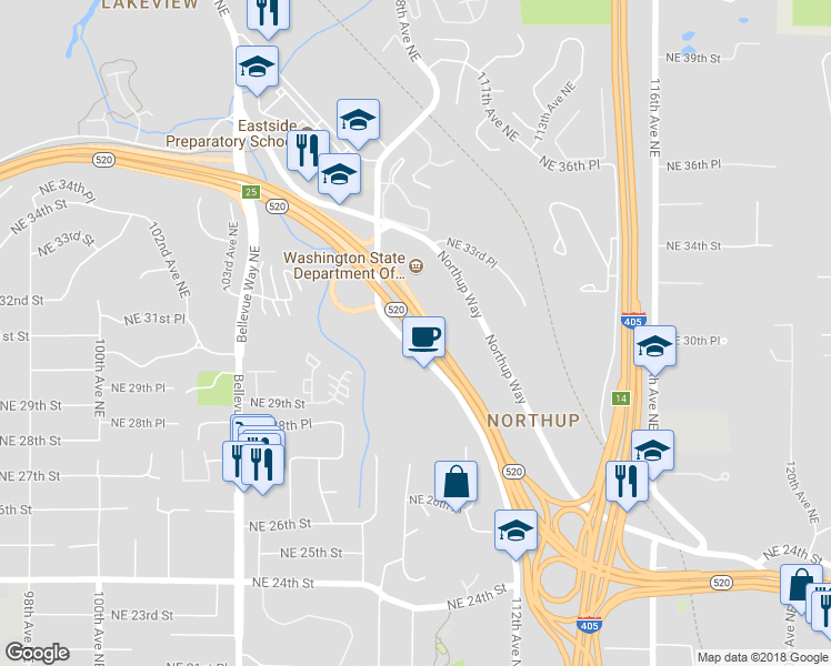 map of restaurants, bars, coffee shops, grocery stores, and more near Washington 520 in Bellevue