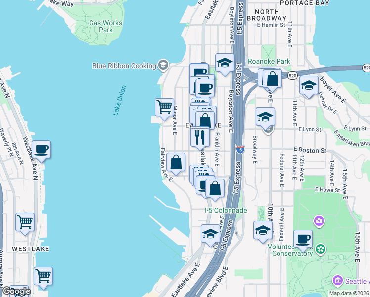 map of restaurants, bars, coffee shops, grocery stores, and more near 2203 Yale Avenue East in Seattle
