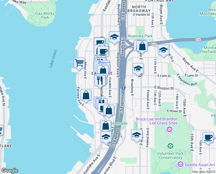 map of restaurants, bars, coffee shops, grocery stores, and more near 218 East Boston Street in Seattle