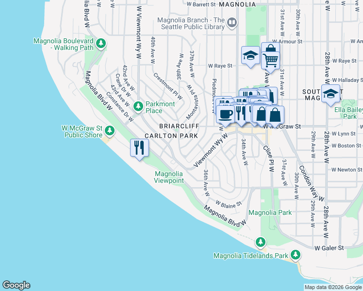 map of restaurants, bars, coffee shops, grocery stores, and more near 2250 Westmont Way West in Seattle