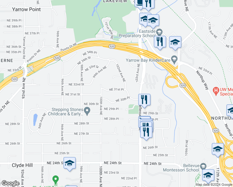 map of restaurants, bars, coffee shops, grocery stores, and more near 10047 Northeast 31st Place in Bellevue