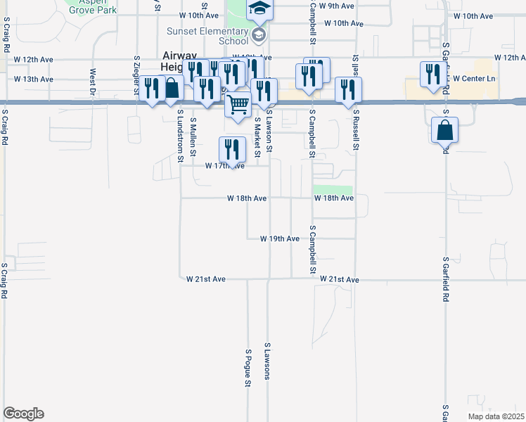 map of restaurants, bars, coffee shops, grocery stores, and more near 1812 South Lawson Street in Airway Heights