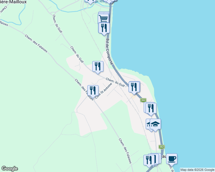 map of restaurants, bars, coffee shops, grocery stores, and more near 40 Côte Saint Antoine in La Malbaie
