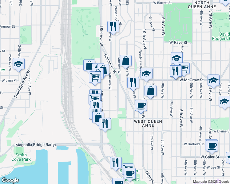map of restaurants, bars, coffee shops, grocery stores, and more near 1307 West Boston Street in Seattle