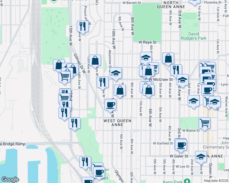 map of restaurants, bars, coffee shops, grocery stores, and more near 2116 10th Avenue West in Seattle
