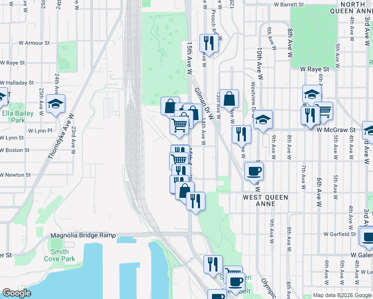 map of restaurants, bars, coffee shops, grocery stores, and more near 2061 15th Avenue West in Seattle