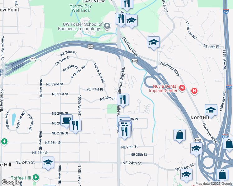 map of restaurants, bars, coffee shops, grocery stores, and more near 3039 Bellevue Way Northeast in Bellevue
