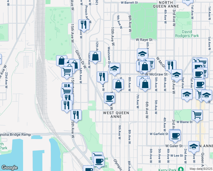 map of restaurants, bars, coffee shops, grocery stores, and more near 2124 11th Avenue West in Seattle