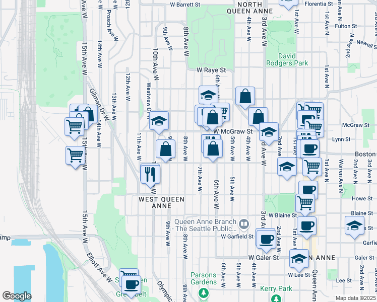 map of restaurants, bars, coffee shops, grocery stores, and more near 398 Madison Street in Seattle
