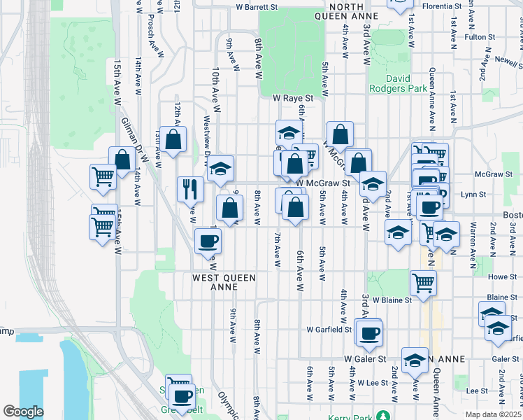 map of restaurants, bars, coffee shops, grocery stores, and more near in Seattle