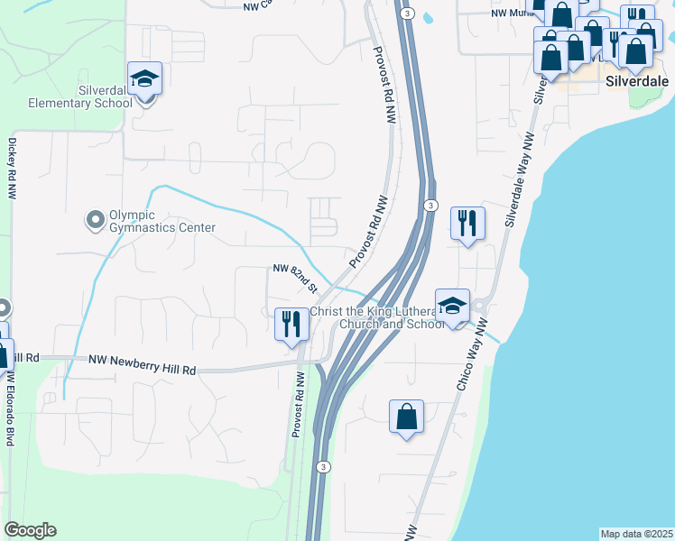 map of restaurants, bars, coffee shops, grocery stores, and more near 4707 Northwest Walgren Drive in Silverdale