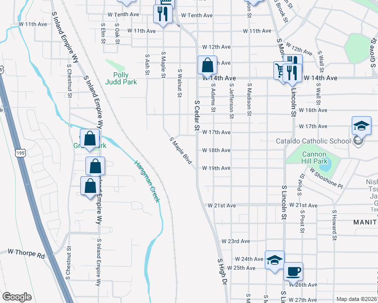 map of restaurants, bars, coffee shops, grocery stores, and more near 1807 South Maple Boulevard in Spokane