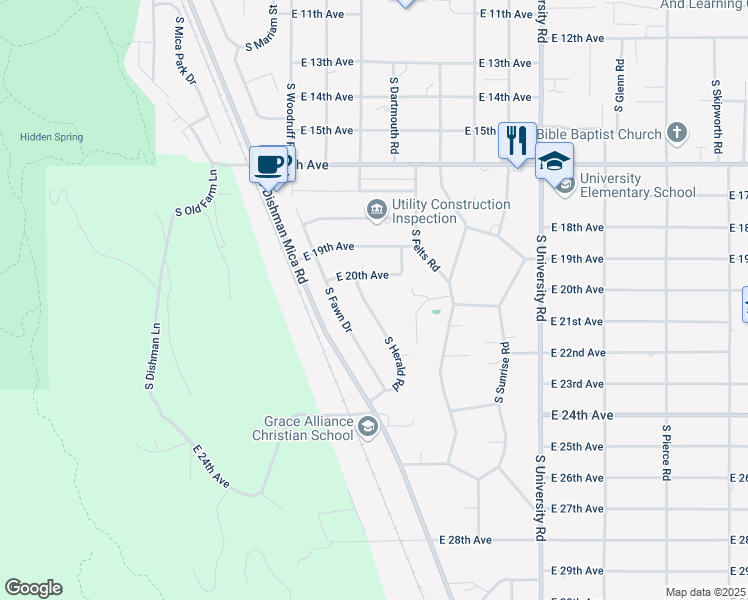 map of restaurants, bars, coffee shops, grocery stores, and more near 2023 South Herald Road in Spokane Valley