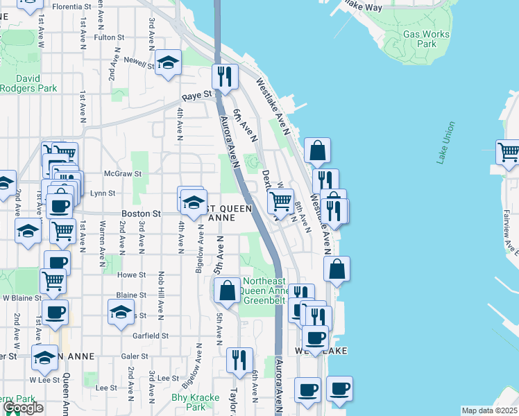 map of restaurants, bars, coffee shops, grocery stores, and more near 2137 Dexter Avenue North in Seattle