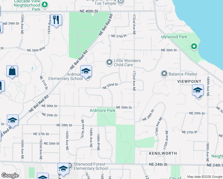 map of restaurants, bars, coffee shops, grocery stores, and more near 16931 Northeast 32nd Street in Bellevue
