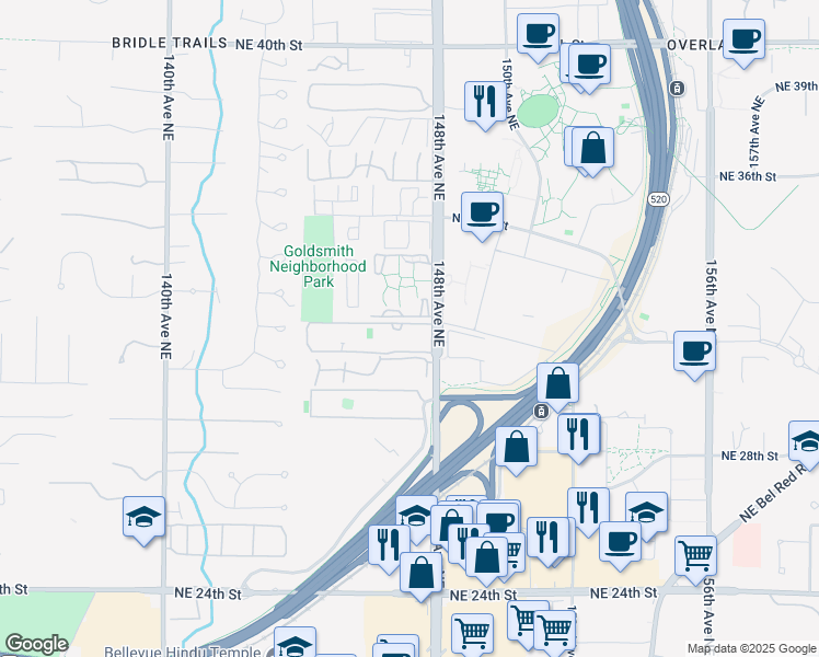 map of restaurants, bars, coffee shops, grocery stores, and more near 14779 Northeast 32nd Street in Bellevue