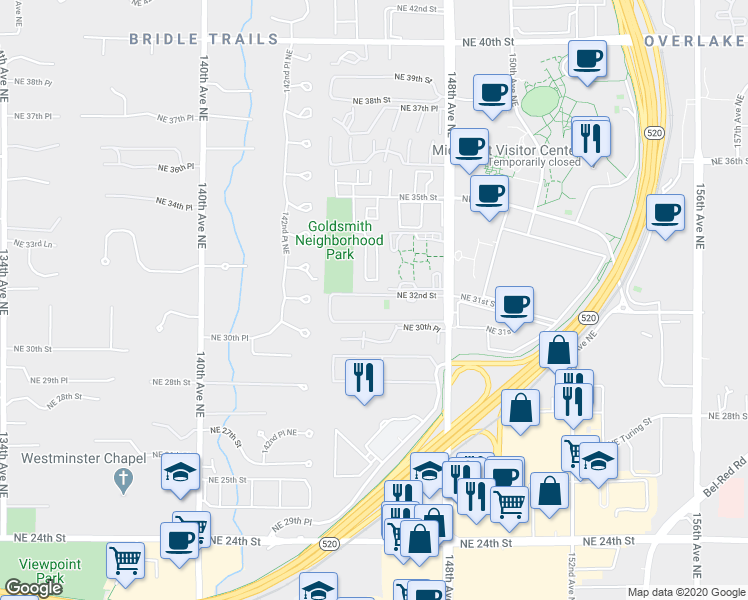 map of restaurants, bars, coffee shops, grocery stores, and more near 14555 Northeast 32nd Street in Bellevue