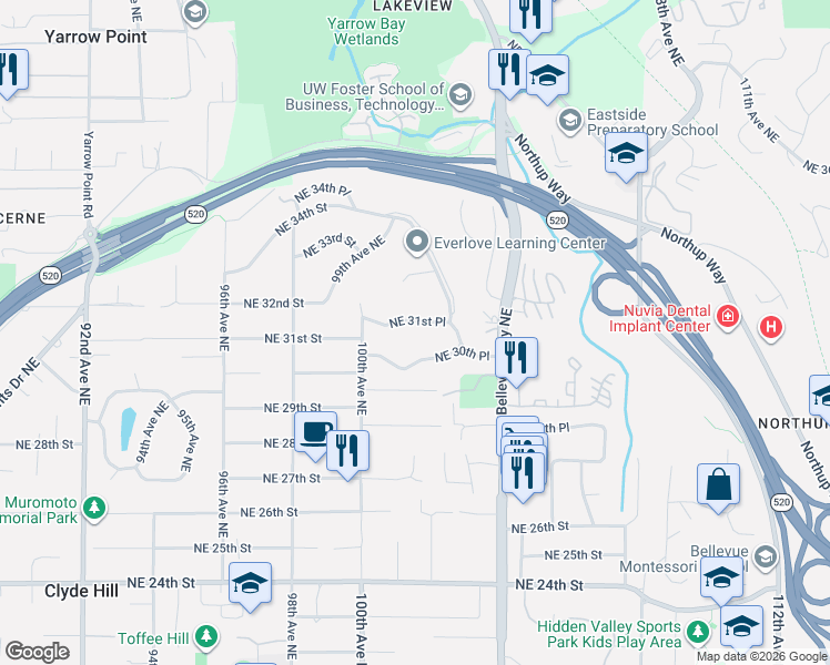 map of restaurants, bars, coffee shops, grocery stores, and more near 10047 Northeast 31st Place in Bellevue