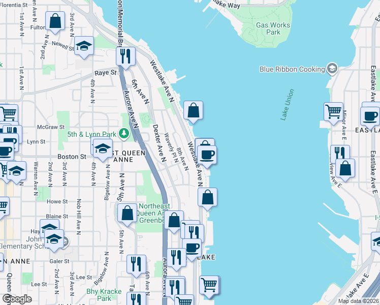 map of restaurants, bars, coffee shops, grocery stores, and more near 2120 8th Avenue North in Seattle