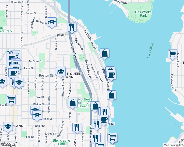 map of restaurants, bars, coffee shops, grocery stores, and more near 2121 Waverly Place North in Seattle