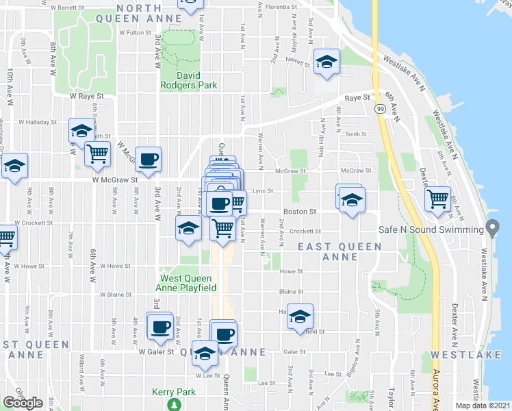 map of restaurants, bars, coffee shops, grocery stores, and more near 102 Boston Street in Seattle