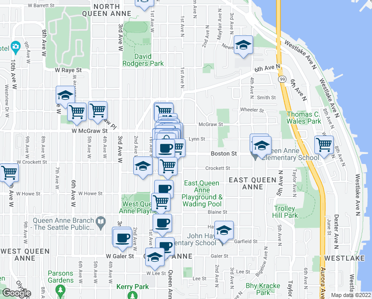 map of restaurants, bars, coffee shops, grocery stores, and more near 102 Boston Street in Seattle