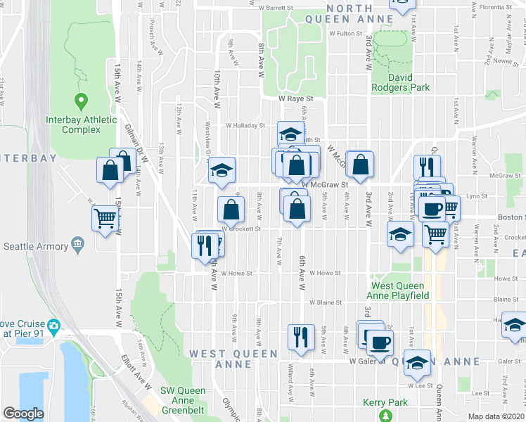 map of restaurants, bars, coffee shops, grocery stores, and more near in Seattle