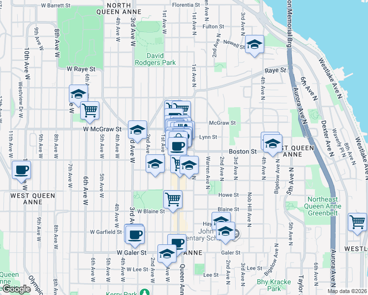 map of restaurants, bars, coffee shops, grocery stores, and more near 10 Boston Street in Seattle