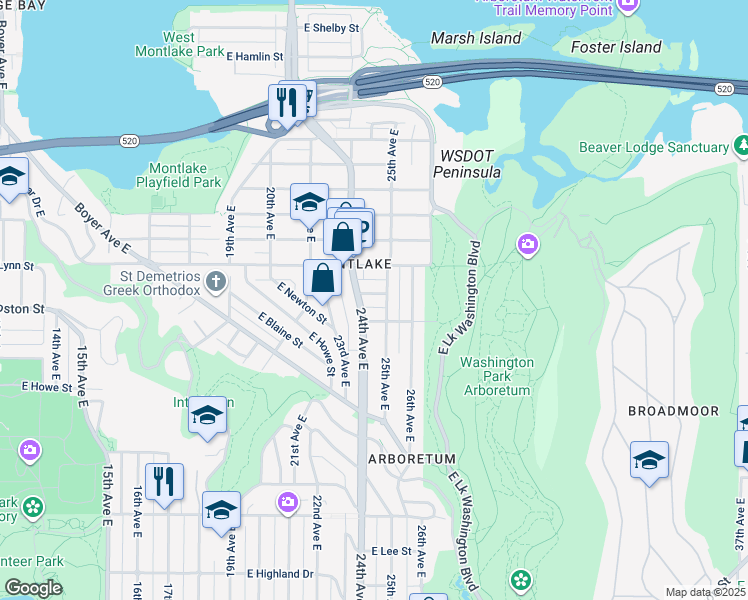 map of restaurants, bars, coffee shops, grocery stores, and more near 2415 East Boston Street in Seattle