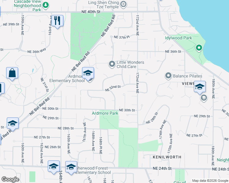 map of restaurants, bars, coffee shops, grocery stores, and more near 3068 169th Avenue Northeast in Bellevue