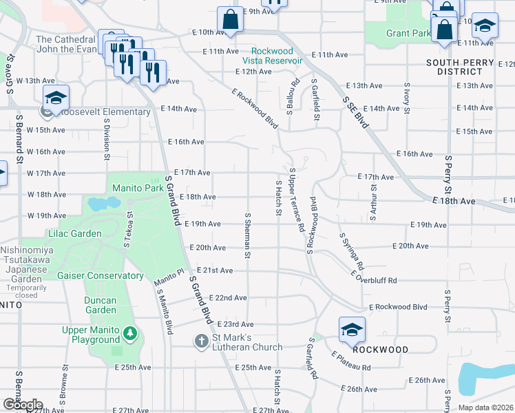 map of restaurants, bars, coffee shops, grocery stores, and more near 614 East 18th Avenue in Spokane
