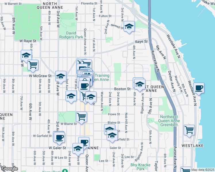 map of restaurants, bars, coffee shops, grocery stores, and more near 168 Boston Street in Seattle