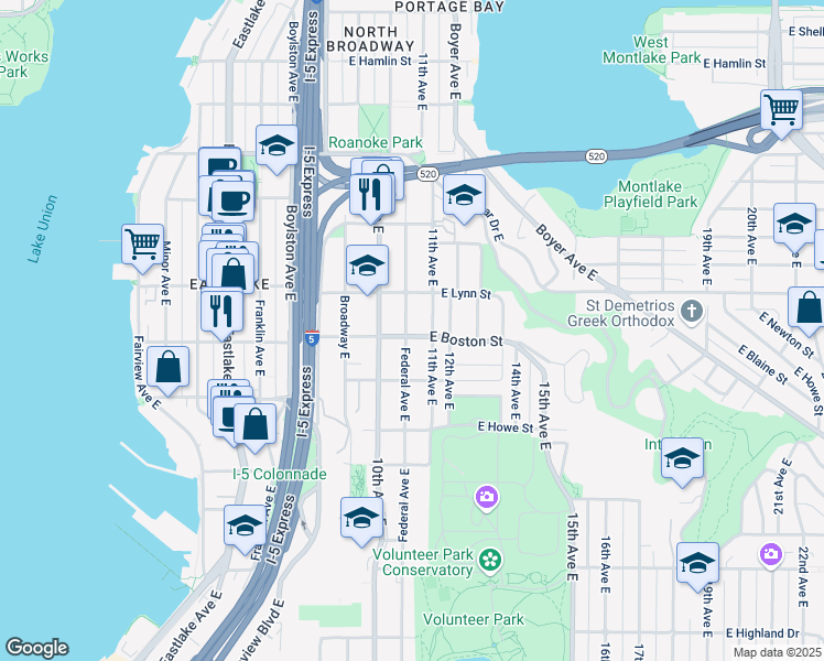 map of restaurants, bars, coffee shops, grocery stores, and more near 2202 Federal Avenue East in Seattle