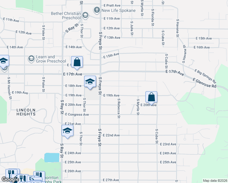 map of restaurants, bars, coffee shops, grocery stores, and more near 3723 East 19th Avenue in Spokane