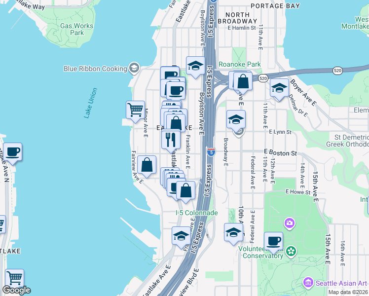 map of restaurants, bars, coffee shops, grocery stores, and more near 2211 Franklin Avenue East in Seattle