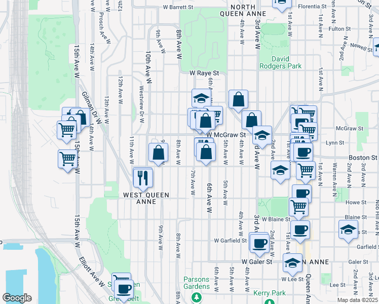map of restaurants, bars, coffee shops, grocery stores, and more near 2127 7th Avenue West in Seattle