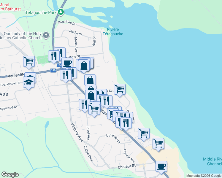 map of restaurants, bars, coffee shops, grocery stores, and more near 1230 Ocean Ridge Drive in Bathurst
