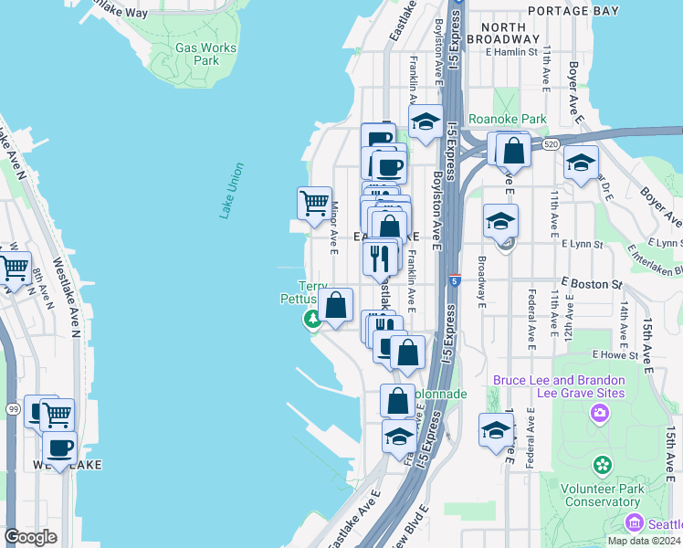 map of restaurants, bars, coffee shops, grocery stores, and more near 2200 Minor Avenue East in Seattle