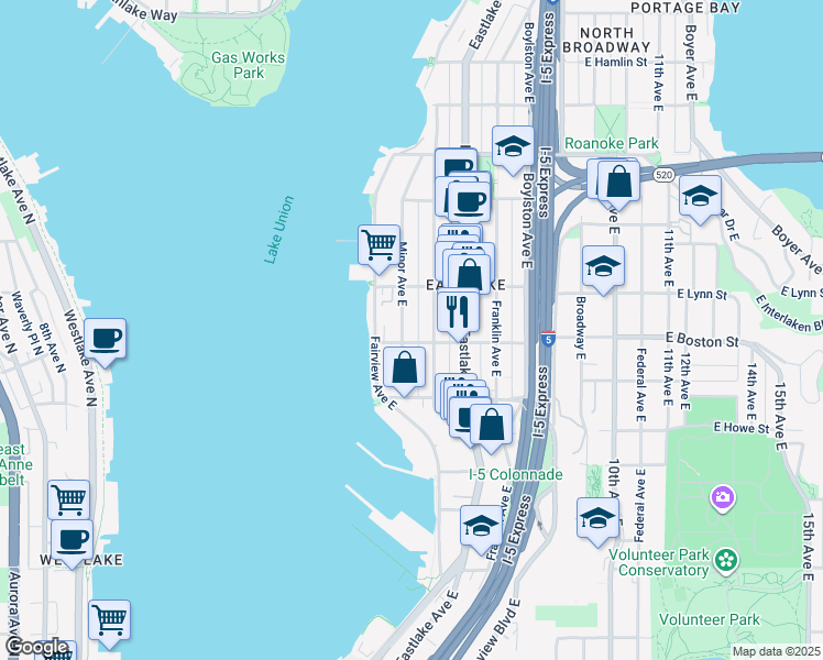 map of restaurants, bars, coffee shops, grocery stores, and more near 2210 Minor Avenue East in Seattle