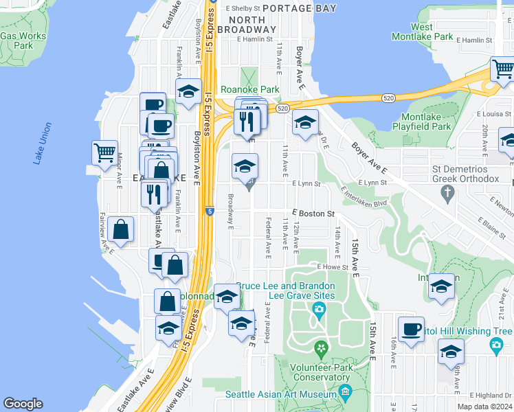 map of restaurants, bars, coffee shops, grocery stores, and more near 2202 Federal Avenue East in Seattle