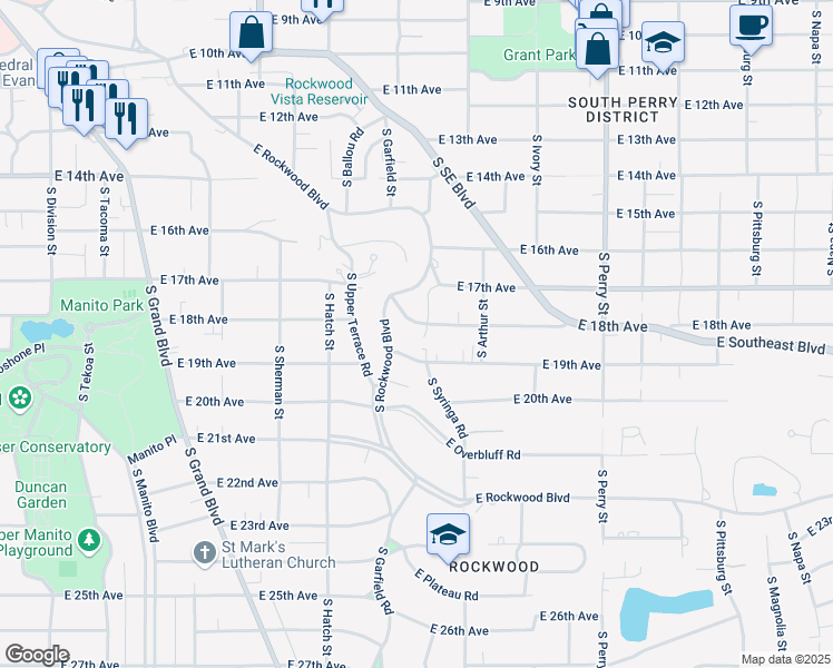 map of restaurants, bars, coffee shops, grocery stores, and more near 840 East 18th Avenue in Spokane