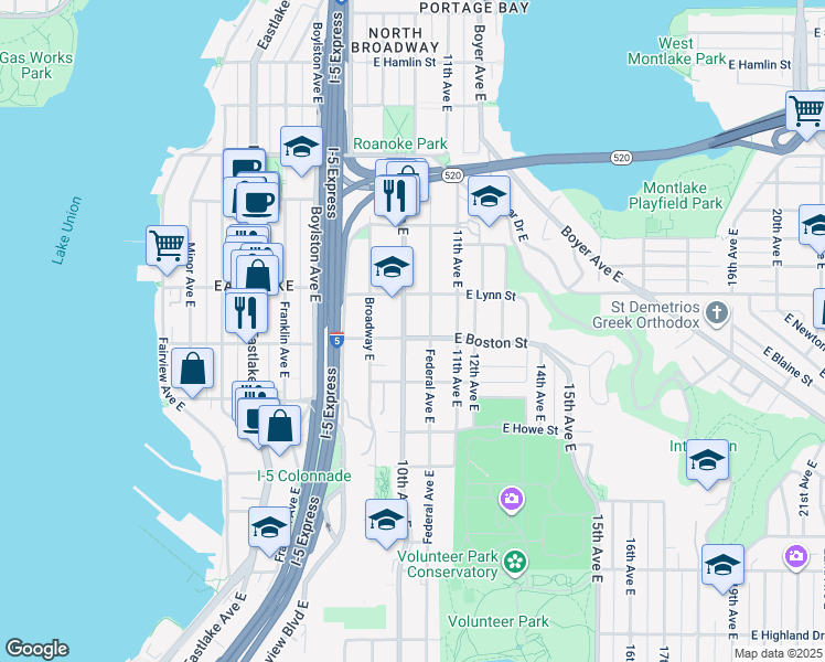 map of restaurants, bars, coffee shops, grocery stores, and more near 2202 Federal Avenue East in Seattle