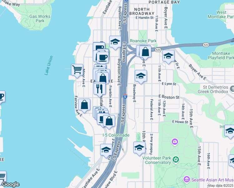 map of restaurants, bars, coffee shops, grocery stores, and more near 268 East Boston Street in Seattle