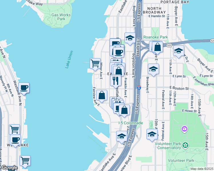 map of restaurants, bars, coffee shops, grocery stores, and more near 2200 Minor Avenue East in Seattle