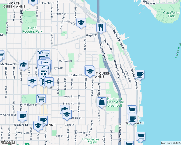 map of restaurants, bars, coffee shops, grocery stores, and more near 408 Boston Street in Seattle