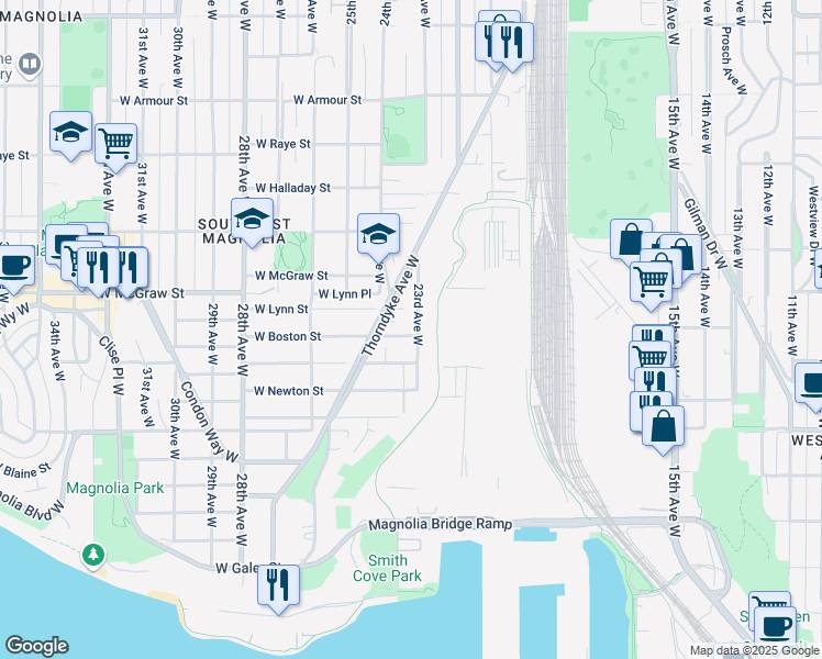 map of restaurants, bars, coffee shops, grocery stores, and more near 2302 West Boston Street in Seattle