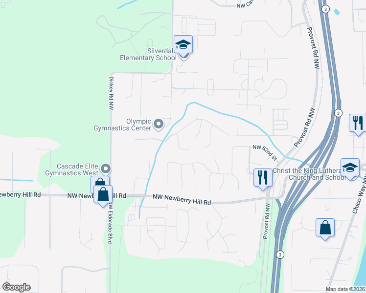 map of restaurants, bars, coffee shops, grocery stores, and more near 8382 Kayla Place Northwest in Silverdale